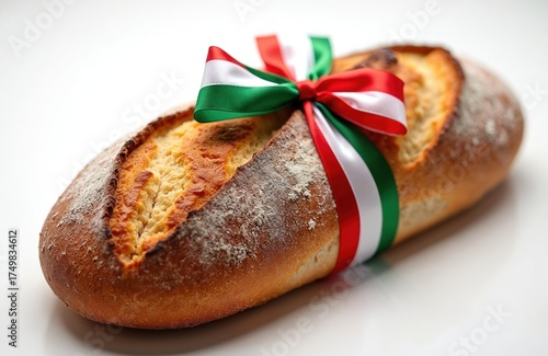 Loaf tied with a ribbon of the Hungarian flag colors rests on a white surface. Fresh brown bread product is decorated with cultural ribbon for holiday festival event.