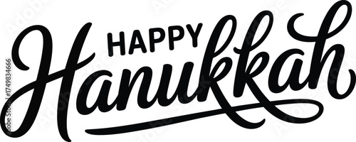 Happy Hanukkah elegant black calligraphy lettering with flourishes on white background