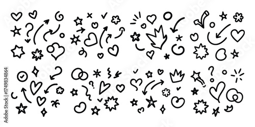 Collection of hand drawn doodle elements including hearts stars arrows and question marks on white background