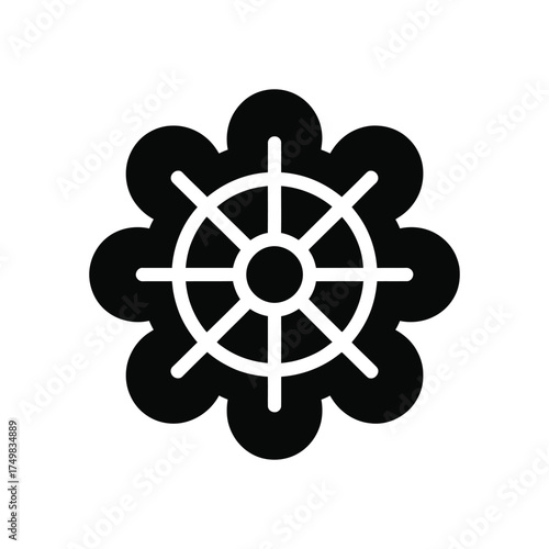 Black dharma wheel icon on white background representing buddhist teachings