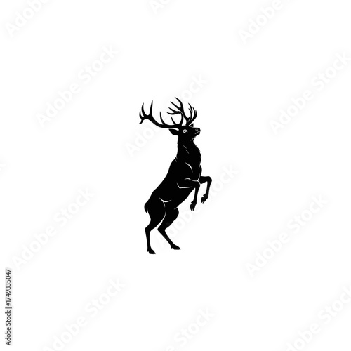 Silhouette of a deer with large antlers standing on hind legs, against a white backdrop
