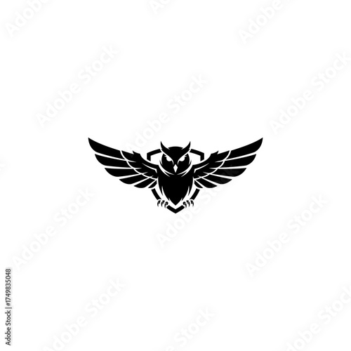 Silhouette of an owl with wings spread, standing in front of a shield design