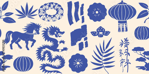 Blue Chinese Dragon Horse Lantern Floral Pattern vector