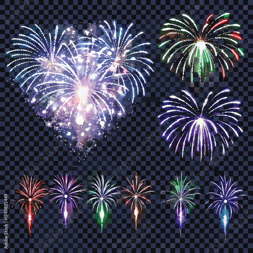 Colorful fireworks explode in various shapes on a dark checkered background