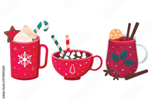 Hot Christmas drinks in cute mugs, set. Sweet cocoa, coffee with cream, cinnamon stick, candy cane, marshmallows.