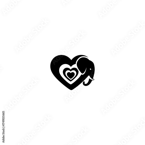 Silhouette of an elephant with its head inside a heart shape and nested hearts