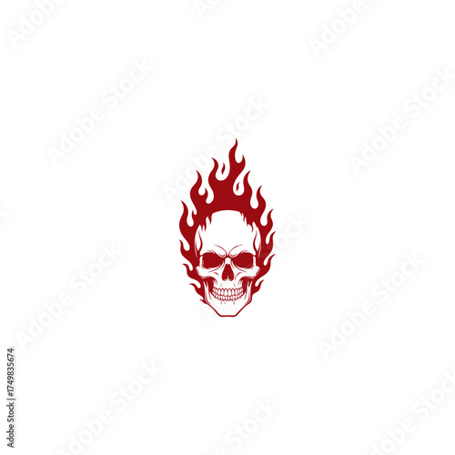 Stylized skull surrounded by stylized flames in dark red, center on white