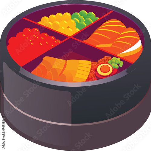 Round bento box with colorful food compartments round container