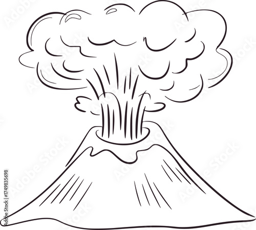 Black and white line drawing of erupting volcano eruption smoke