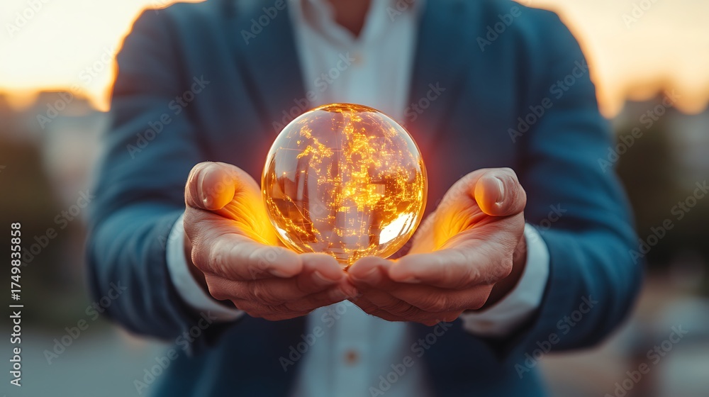 Fototapeta premium Man Holding Glowing Orb with Global Connections