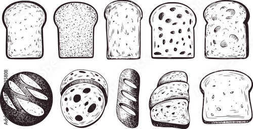 Black and white illustration of various bread slices and loaves toast loaf