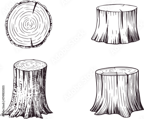 Black and white sketch of tree stumps and cross sections wood illustration