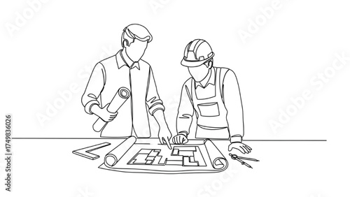 One-Line Vector Drawing of Architect or Engineer Reviewing Blueprints, Minimalist Black and White Illustration of Planning and Design in Construction Projects