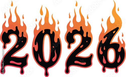 Fiery Dripping Numbers 2026 with Orange and Red Flames year fire