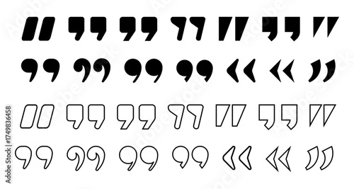 Diverse quotation marks in flat and linear styles for typography design
