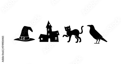 Halloween collection: witch hat, haunted house, black cat, and crow silhouettes