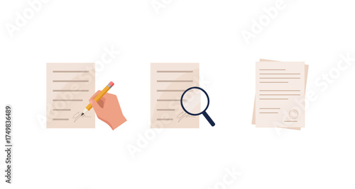 Document processing icons: signing, reviewing, and stacking in flat design