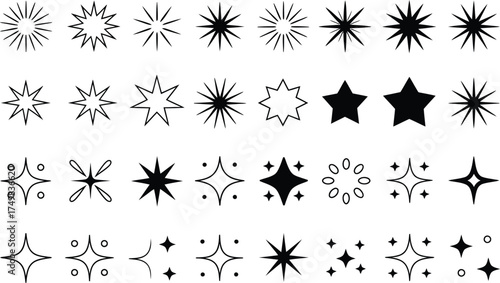 Set of Black and White Starbursts and Sparkle Icons on White Background symbol