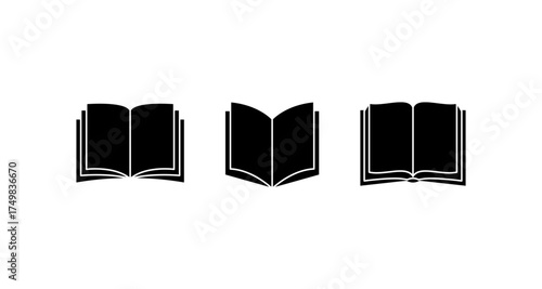 Minimalist silhouette of three open books in black and white design
