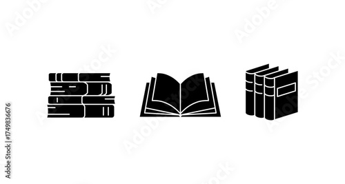 Minimalist black silhouette icons of books for educational and library themes