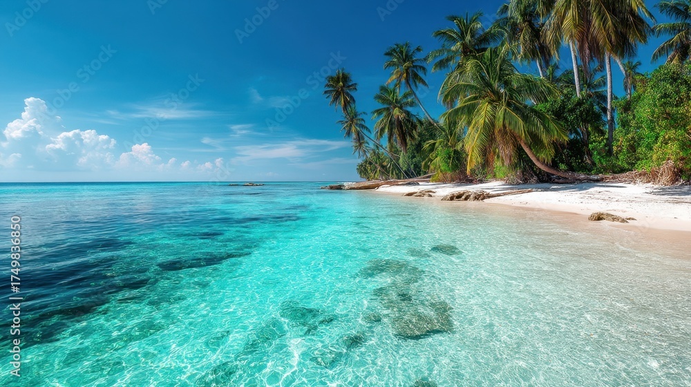 Naklejka premium Tropical beach featuring clear turquoise water, white sand, palm trees, and bright sunny sky, creating a vibrant, relaxing atmosphere.