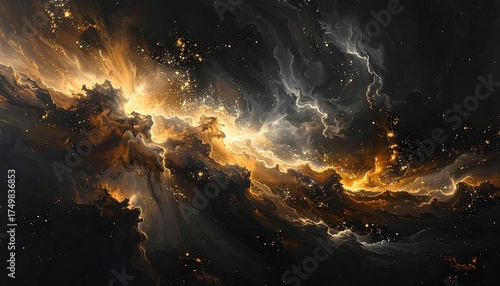 A celestial scene depicts golden light bursting forth from swirling, dark nebulas. Tiny sparks of luminosity fleck the canvas, creating an ethereal ambiance