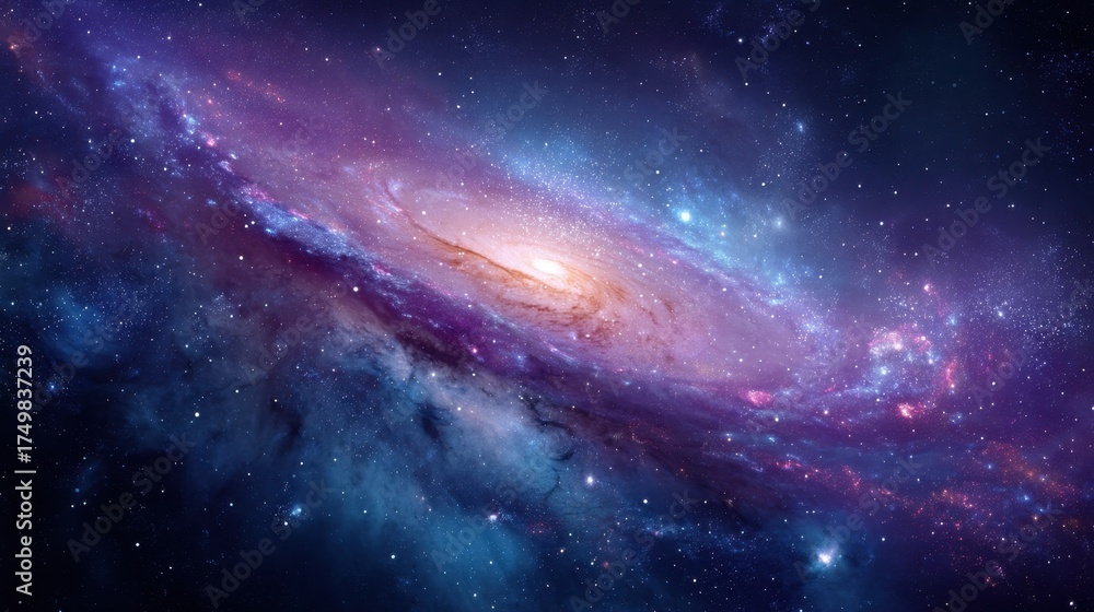 Naklejka premium Colorful galaxy with nebula clouds and sparkling stars in deep space, featuring rich cosmic textures and vibrant hues.