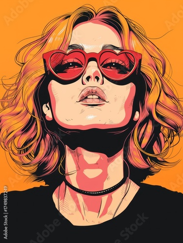 Stylized illustration of a woman with light hair, wearing red sunglasses.