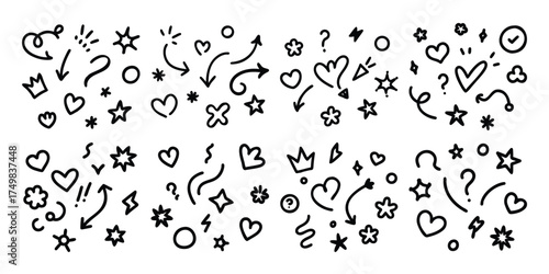 Collection of hand drawn doodle elements including arrows hearts stars and crowns on white background