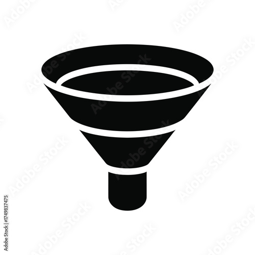 Black funnel icon with white background for filtration, conversion, or data processing