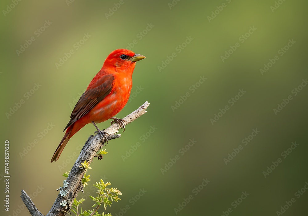 Fototapeta premium Vibrant red bird perched on a weathered branch against a soft green background.