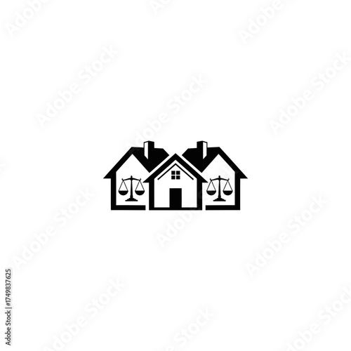 Three house outlines, scales of justice inset on two flanking houses, black and white