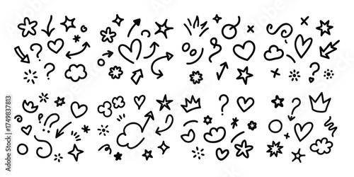 Collection of hand drawn doodle elements including hearts stars arrows and question marks