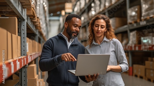 Several male and female warehouse inventory managers conversing, checking retail stock, and using laptop computers