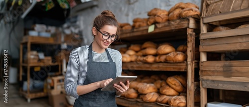 A contented female baker searching for recipes on a smart tablet while working in a bakery, small company concepts