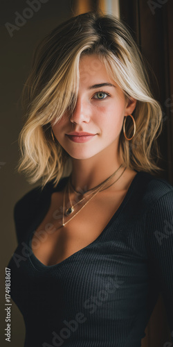 A woman stands in sportswear with her back to the camera, created by ai