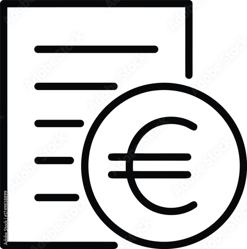 Simple black outline icon representing a financial document with a euro currency symbol isolated on transparent background
