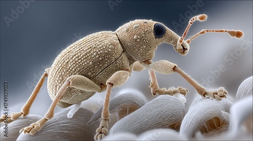 Microscopic view of a weevil on rye in a clinical lab setting, showing intricate textures and biological detail with a clean, sterile background.