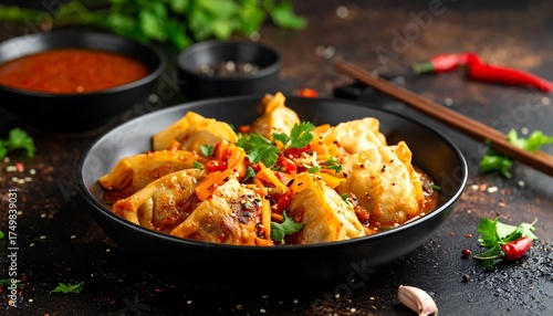 A close-up shot of a black bowl filled with Asian-inspired dumplings in a vibrant sauce, garnished with cilantro, served with chopsticks. A small bowl of chili sauce is present