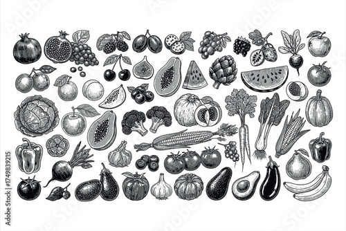 Assortment of Black and White Fruits and Vegetables Hand Drawn Style pomegranate grapes