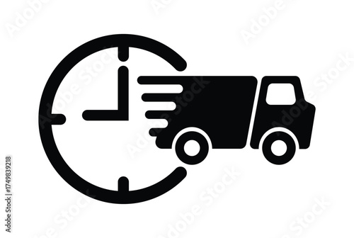 Black vector icon of a delivery truck with speed lines, "24H" text, and a large outline clock. Represents 24-hour delivery, express shipping, and fast logistics service guarantee.
