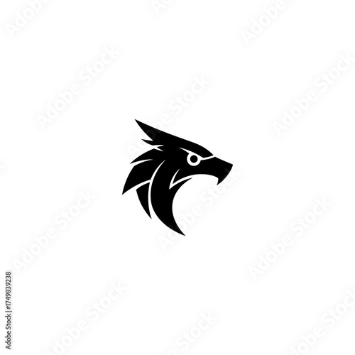 Graphic black silhouette of a fierce bird of prey head, sharp eye and beak