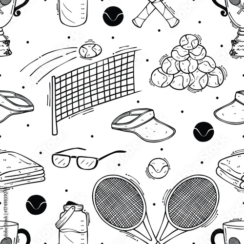 Tennis theme seamless pattern, line vector art