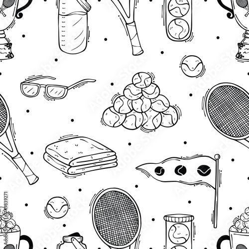 Tennis theme seamless pattern, line vector art