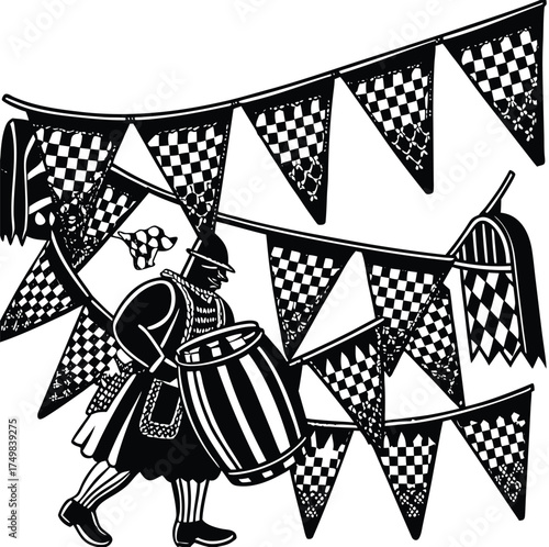 Medieval Festival Celebration with Drummer and Checkered Bunting for a Festive Atmosphere