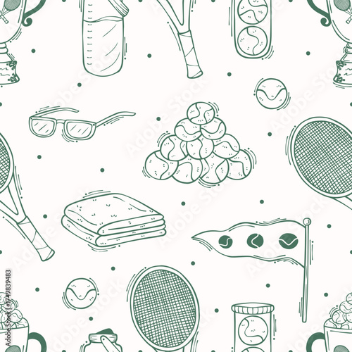 Tennis theme seamless pattern, line vector art