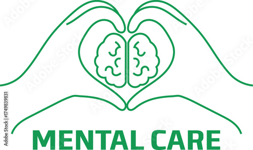 Two hands forming a heart around a brain representing love and mental care. Mental health vector isolated on a white background.
