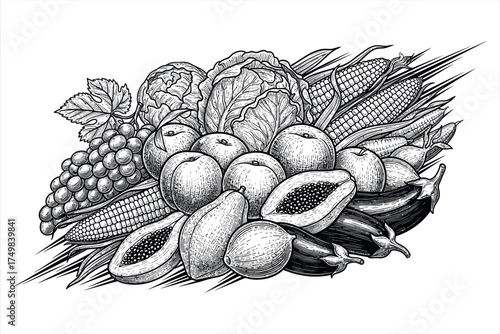 Black and white illustration of a bountiful harvest of fruits and vegetables bounty grapes