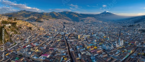 Aerial view of Quito nestled in the Andes, with vibrant city streets below and Cotopaxi volcano rising in the distance under golden sunlight.