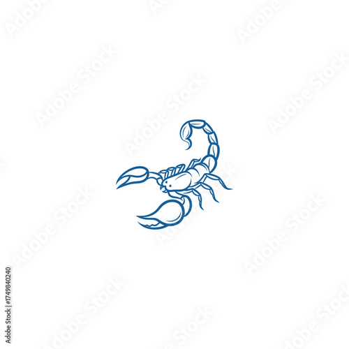 Stylized scorpion with curved tail and menacing claws in blue outline on white backdrop